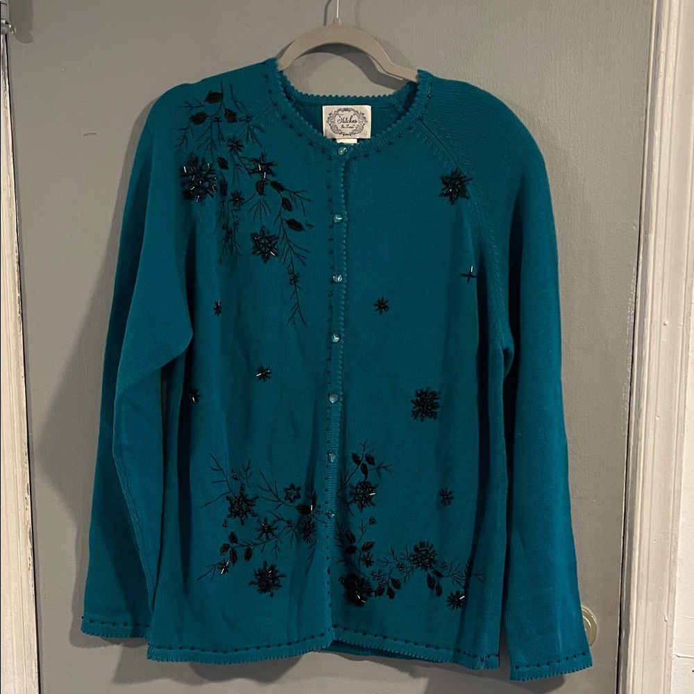 Vintage Stitches in Time Teal Embroided‎ Beaded Cardigan Sweater Size M